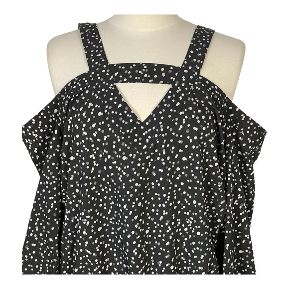 BEBE Black Grey White Polka Dot Long Sleeve Off the Shoulder Strap Blouse Sz XL - Picture 2 of 12